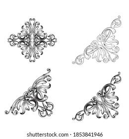 Border and Frame with baroque style. Ornament elements for your design. Black and white color. Floral engraving decoration for postcards or invitations for social media.
