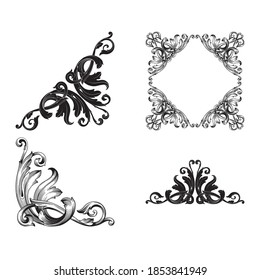 Border and Frame with baroque style. Ornament elements for your design. Black and white color. Floral engraving decoration for postcards or invitations for social media.