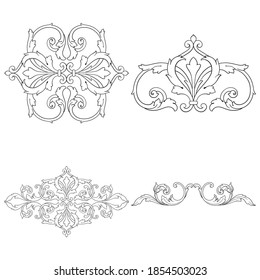 Border and Frame with baroque style. Ornament elements for your design. Black and white color. Floral engraving decoration for postcards or invitations for social media.