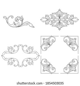 Border and Frame with baroque style. Ornament elements for your design. Black and white color. Floral engraving decoration for postcards or invitations for social media.