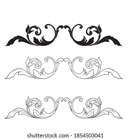 Border and Frame with baroque style. Ornament elements for your design. Black and white color. Floral engraving decoration for postcards or invitations for social media.