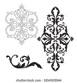 Border and Frame with baroque style. Ornament elements for your design. Black and white color. Floral engraving decoration for postcards or invitations for social media.