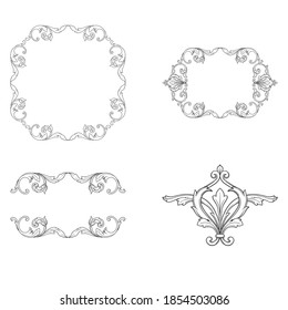 Border and Frame with baroque style. Ornament elements for your design. Black and white color. Floral engraving decoration for postcards or invitations for social media.