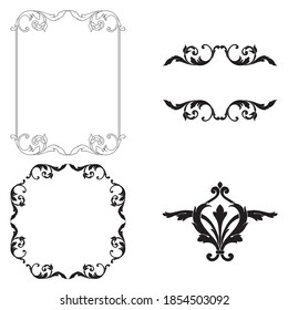 Border and Frame with baroque style. Ornament elements for your design. Black and white color. Floral engraving decoration for postcards or invitations for social media.