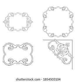 Border and Frame with baroque style. Ornament elements for your design. Black and white color. Floral engraving decoration for postcards or invitations for social media.
