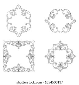 Border and Frame with baroque style. Ornament elements for your design. Black and white color. Floral engraving decoration for postcards or invitations for social media.