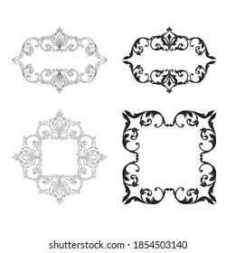 Border and Frame with baroque style. Ornament elements for your design. Black and white color. Floral engraving decoration for postcards or invitations for social media.