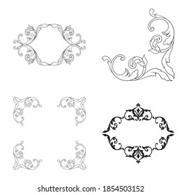 Borde y marco de estilo barroco. Elementos decorativos para su diseño. Color blanco y negro. Decoración de grabaciones florales para postales o invitaciones para medios sociales.
