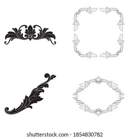 Border and Frame with baroque style. Ornament elements for your design. Black and white color. Floral engraving decoration for postcards or invitations for social media.