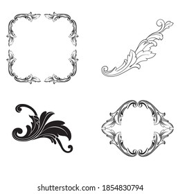 Border and Frame with baroque style. Ornament elements for your design. Black and white color. Floral engraving decoration for postcards or invitations for social media.