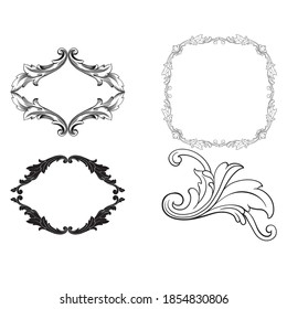 Border and Frame with baroque style. Ornament elements for your design. Black and white color. Floral engraving decoration for postcards or invitations for social media.