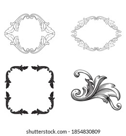 Border and Frame with baroque style. Ornament elements for your design. Black and white color. Floral engraving decoration for postcards or invitations for social media.