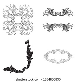 Border and Frame with baroque style. Ornament elements for your design. Black and white color. Floral engraving decoration for postcards or invitations for social media.