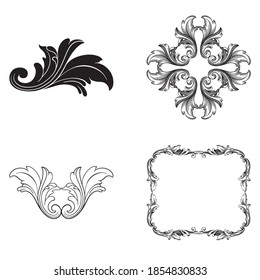 Border and Frame with baroque style. Ornament elements for your design. Black and white color. Floral engraving decoration for postcards or invitations for social media.