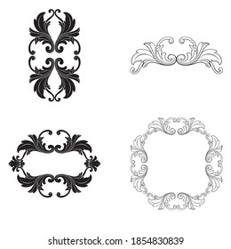 Border and Frame with baroque style. Ornament elements for your design. Black and white color. Floral engraving decoration for postcards or invitations for social media.