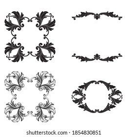 Border and Frame with baroque style. Ornament elements for your design. Black and white color. Floral engraving decoration for postcards or invitations for social media.