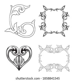 Border and Frame with baroque style. Ornament elements for your design. Black and white color. Floral engraving decoration for postcards or invitations for social media.