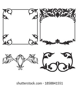 Borde y marco de estilo barroco. Elementos decorativos para su diseño. Color blanco y negro. Decoración de grabaciones florales para postales o invitaciones para medios sociales.