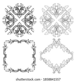 Borde y marco de estilo barroco. Elementos decorativos para su diseño. Color blanco y negro. Decoración de grabaciones florales para postales o invitaciones para medios sociales.