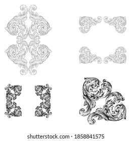 Border and Frame with baroque style. Ornament elements for your design. Black and white color. Floral engraving decoration for postcards or invitations for social media.