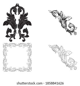 Border and Frame with baroque style. Ornament elements for your design. Black and white color. Floral engraving decoration for postcards or invitations for social media.