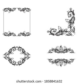 Border and Frame with baroque style. Ornament elements for your design. Black and white color. Floral engraving decoration for postcards or invitations for social media.