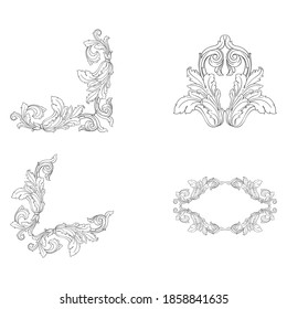 Border and Frame with baroque style. Ornament elements for your design. Black and white color. Floral engraving decoration for postcards or invitations for social media.