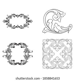 Border and Frame with baroque style. Ornament elements for your design. Black and white color. Floral engraving decoration for postcards or invitations for social media.