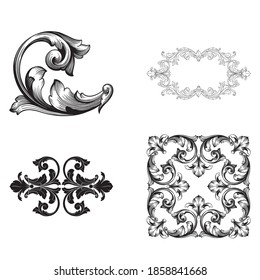 Border and Frame with baroque style. Ornament elements for your design. Black and white color. Floral engraving decoration for postcards or invitations for social media.