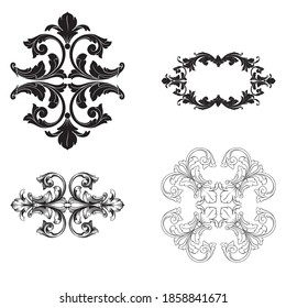 Border and Frame with baroque style. Ornament elements for your design. Black and white color. Floral engraving decoration for postcards or invitations for social media.