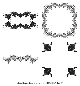 Border and Frame with baroque style. Ornament elements for your design. Black and white color. Floral engraving decoration for postcards or invitations for social media.