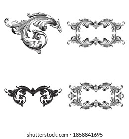 Border and Frame with baroque style. Ornament elements for your design. Black and white color. Floral engraving decoration for postcards or invitations for social media.