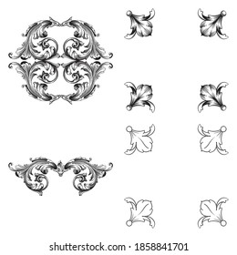 Border and Frame with baroque style. Ornament elements for your design. Black and white color. Floral engraving decoration for postcards or invitations for social media.