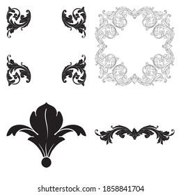 Border and Frame with baroque style. Ornament elements for your design. Black and white color. Floral engraving decoration for postcards or invitations for social media.