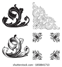 Border and Frame with baroque style. Ornament elements for your design. Black and white color. Floral engraving decoration for postcards or invitations for social media.