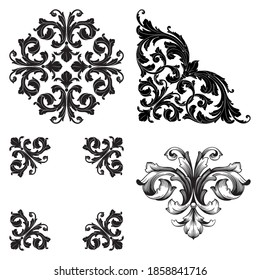 Border and Frame with baroque style. Ornament elements for your design. Black and white color. Floral engraving decoration for postcards or invitations for social media.