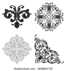 Borde y marco de estilo barroco. Elementos decorativos para su diseño. Color blanco y negro. Decoración de grabaciones florales para postales o invitaciones para medios sociales.