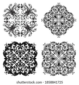 Border and Frame with baroque style. Ornament elements for your design. Black and white color. Floral engraving decoration for postcards or invitations for social media.