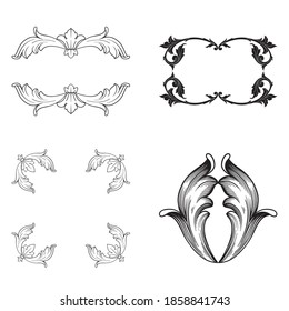 Border and Frame with baroque style. Ornament elements for your design. Black and white color. Floral engraving decoration for postcards or invitations for social media.