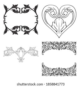 Border and Frame with baroque style. Ornament elements for your design. Black and white color. Floral engraving decoration for postcards or invitations for social media.