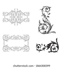 Border and Frame with baroque style. Ornament elements for your design. Black and white color. Floral engraving decoration for postcards or invitations for social media.