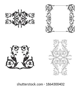 Border and Frame with baroque style. Ornament elements for your design. Black and white color. Floral engraving decoration for postcards or invitations for social media.