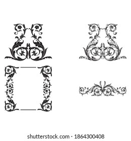 Border and Frame with baroque style. Ornament elements for your design. Black and white color. Floral engraving decoration for postcards or invitations for social media.