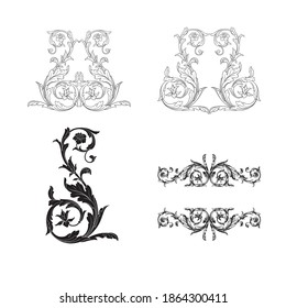 Border and Frame with baroque style. Ornament elements for your design. Black and white color. Floral engraving decoration for postcards or invitations for social media.