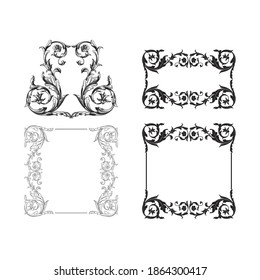 Border and Frame with baroque style. Ornament elements for your design. Black and white color. Floral engraving decoration for postcards or invitations for social media.