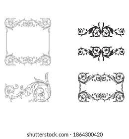 Border and Frame with baroque style. Ornament elements for your design. Black and white color. Floral engraving decoration for postcards or invitations for social media.