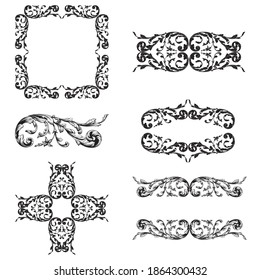 Border and Frame with baroque style. Ornament elements for your design. Black and white color. Floral engraving decoration for postcards or invitations for social media.