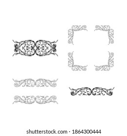 Border and Frame with baroque style. Ornament elements for your design. Black and white color. Floral engraving decoration for postcards or invitations for social media.