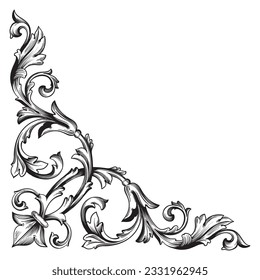 Border and Frame with baroque style. Ornament elements for your design. Black and white color. Floral engraving decoration for postcards or invitations for social media.