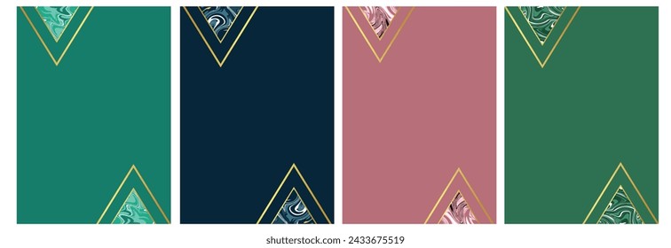 Border frame with blue, green, pink background with gold triangular marble design. Used for invitations, cards, posters and flyers.